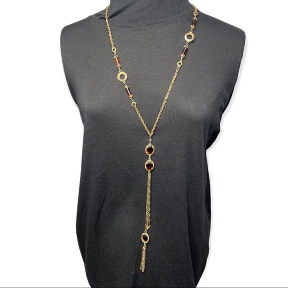 Sarah Coventry goldtone brown gems with removable lariat necklace - Picture 1 of 14